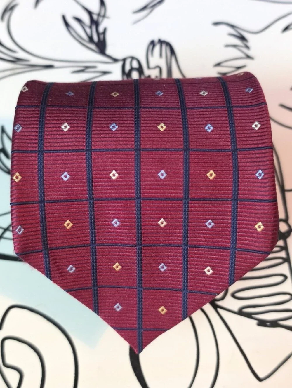 Jos A Bank Tie Mens Red Blue Grid Geometric Diamond Silk Classic Necktie 59
